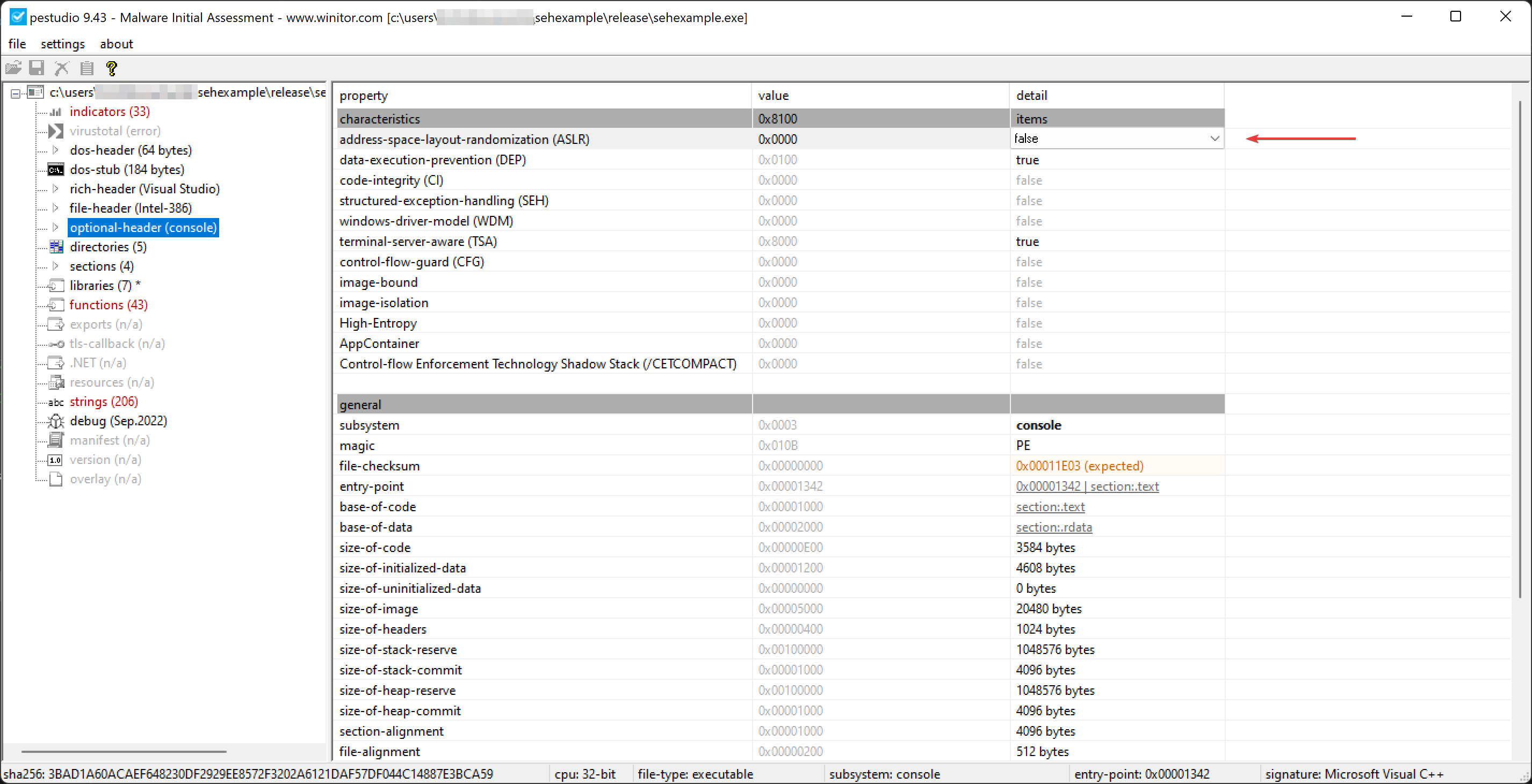 Disabling ASLR in pestudio