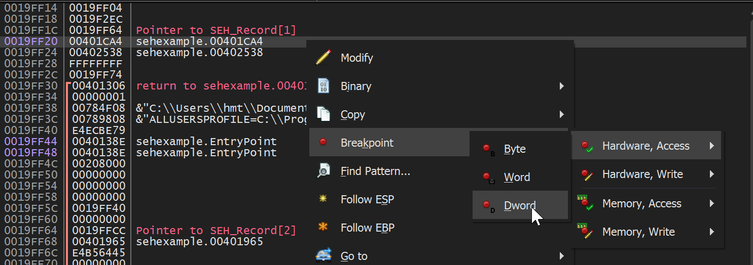 x96dbg breaking on hardware access on stack