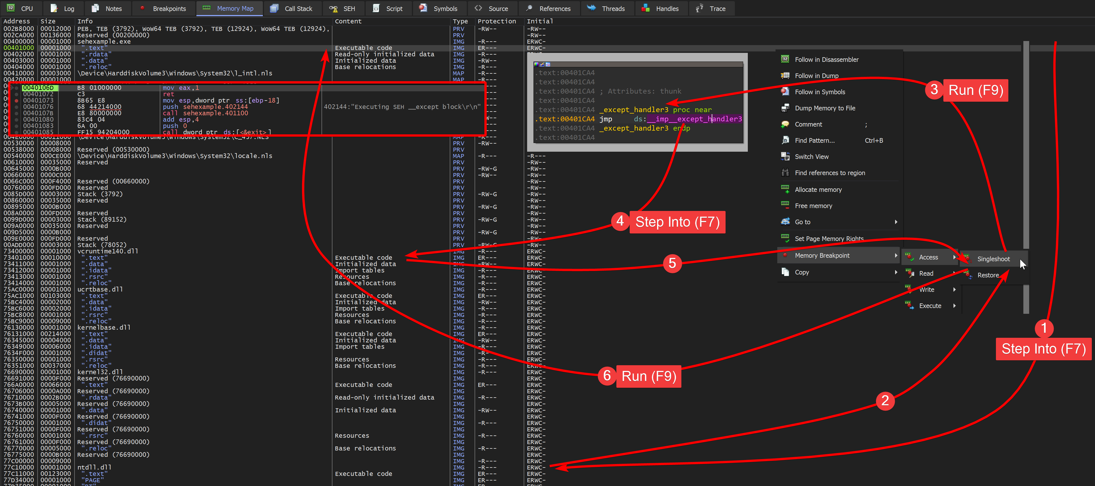 x96dbg breaking on text section memory access of the example